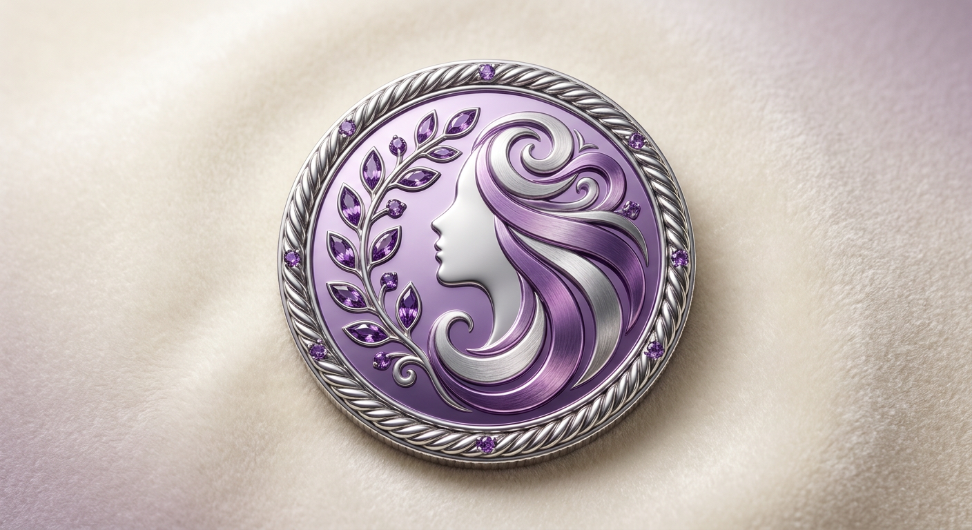 Essence — amethyst coin logo with a woman silhouette